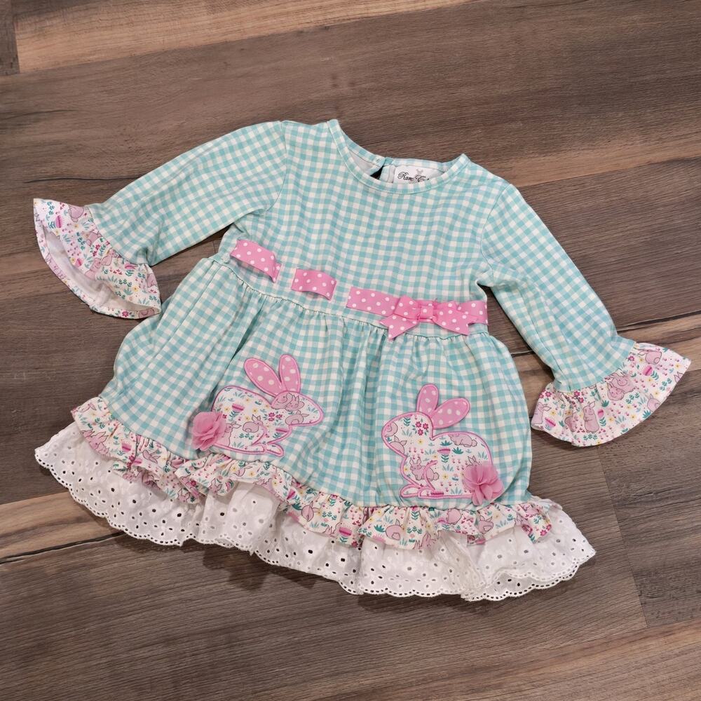 Girls Rabbit Bunny Spring Easter LS Dress Blue White Pink Checkered Floral 4T‎